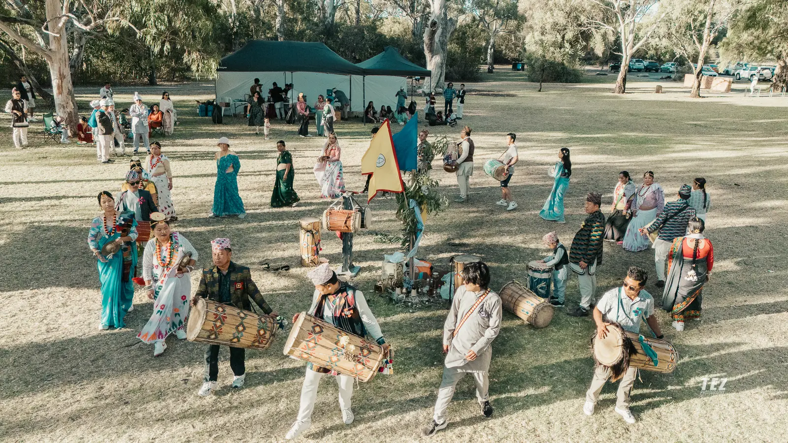 Aerial view of a KSSA community gathering in South Australia at dusk